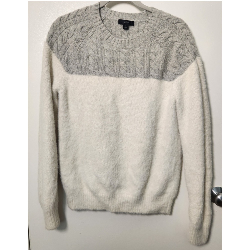 J. Crew Cable Knit Fuzzy Wool Blend Women's White Gray Sweater Medium Cozy‎